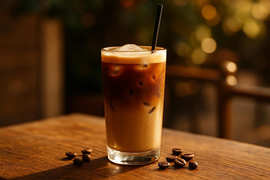 Shaken Espresso in a glass on an oak patio table