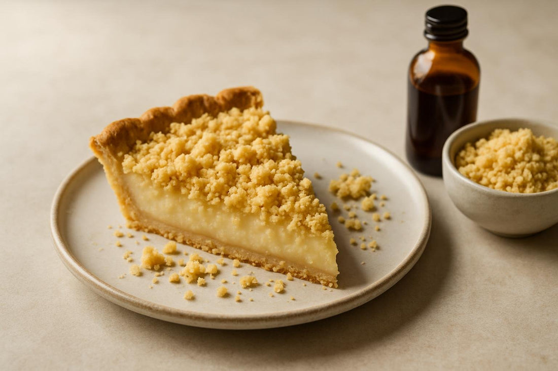 Slice of pie with shortbread crumbs