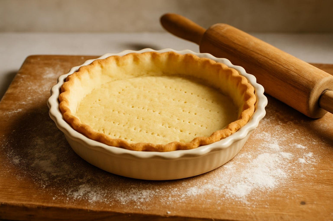 An unfilled, crimped shortbread press-in crust in a ceramic pie plate on a floured wooden board with a rolling pin beside it