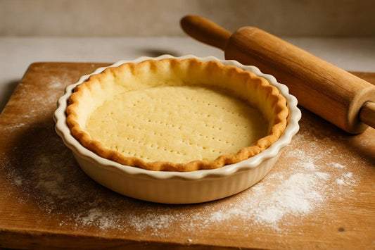 An unfilled, crimped shortbread press-in crust in a ceramic pie plate on a floured wooden board with a rolling pin beside it