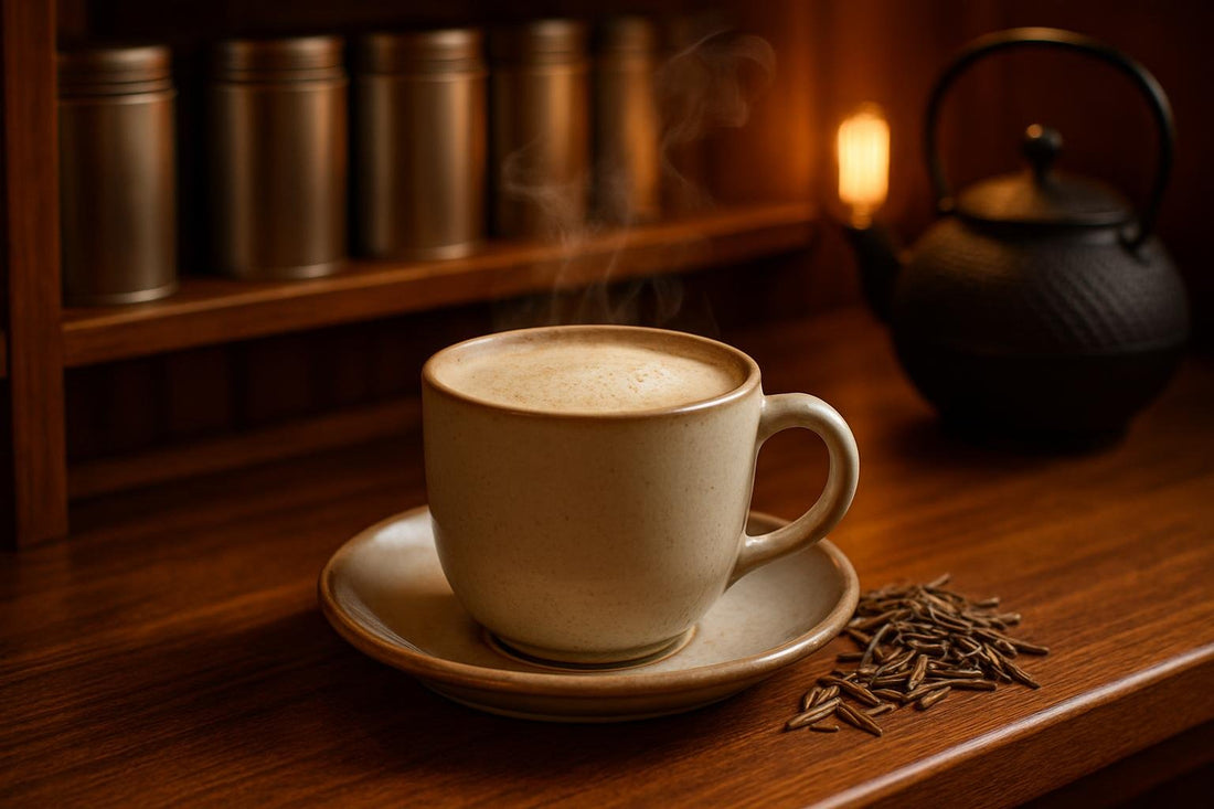 Silver Needle Tea in a ceramic mug on an oak bar