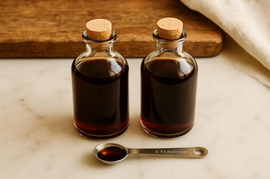 Two glass bottles of vanilla extract side by side on a marble countertop with a teaspoon measuring spoon between them
