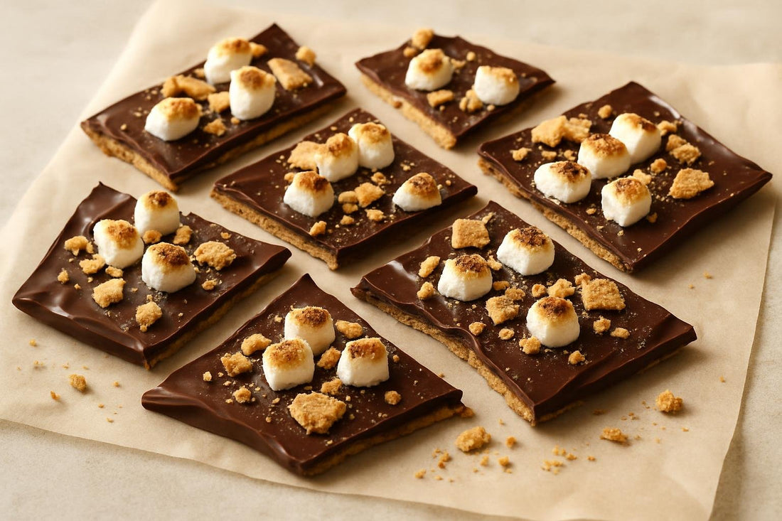 Shards of s'mores bark on parchment