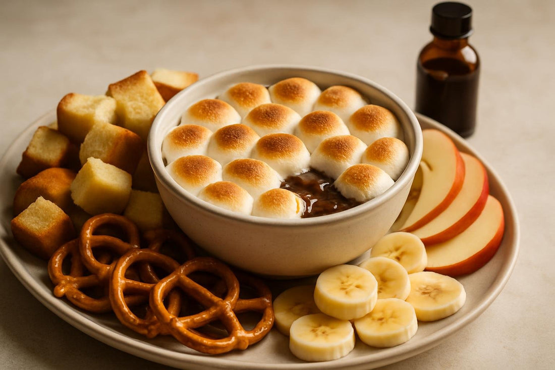 Bowl of s'mores dip with brioche, pretzels and fruit