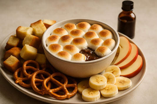 Bowl of s'mores dip with brioche, pretzels and fruit