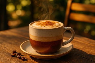 Snickerdoodle Latte in a ceramic mug on an oak patio table