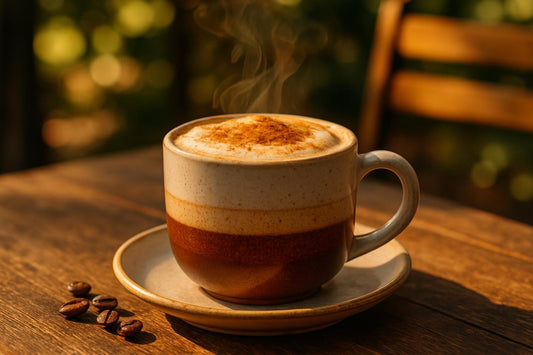 Snickerdoodle Latte in a ceramic mug on an oak patio table