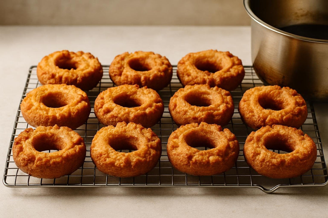 A dozen plain, unglazed sour cream cake doughnut dough cooling on a wire rack next to a pot, golden brown