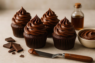 Cupcakes piped with sour cream chocolate frosting