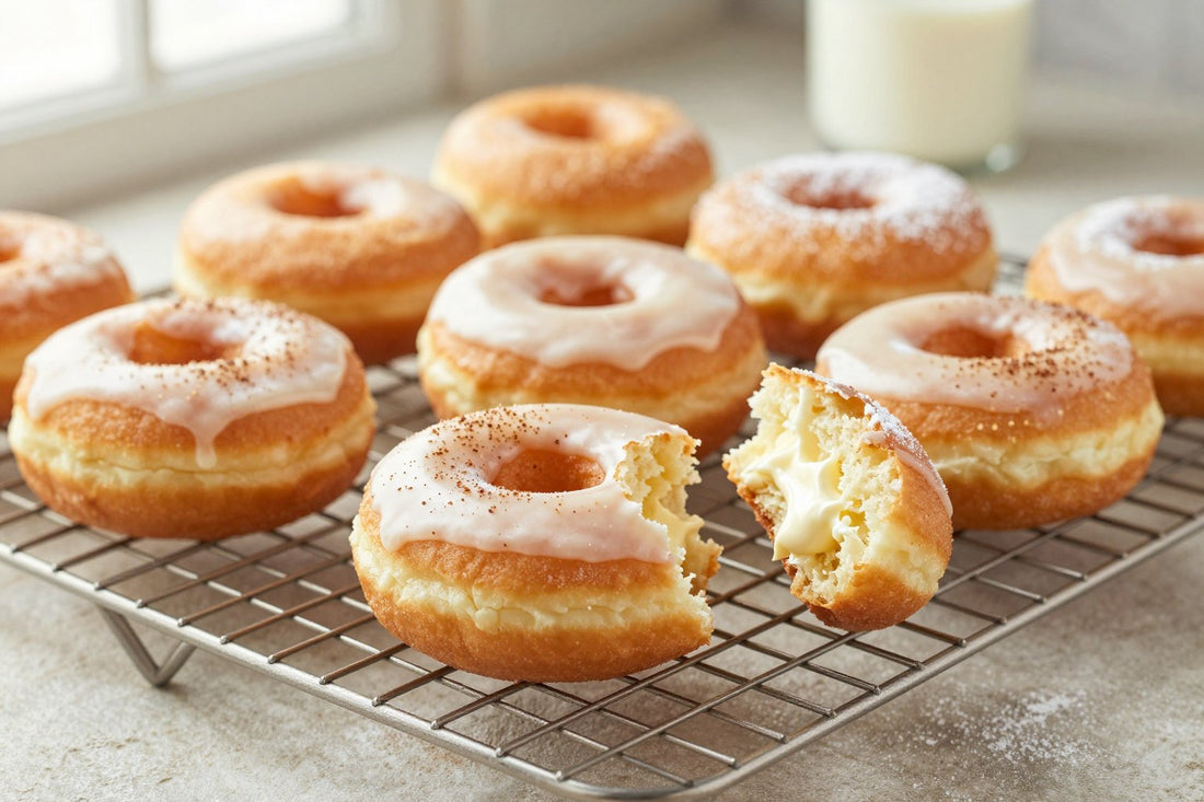Fresh sour cream old-fashioned doughnuts on a wire cooling rack, one broken open to show the tender inside