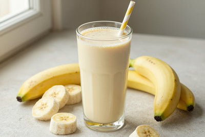 A tall glass of thick, creamy soy banana protein shake with a straw, a few of its fresh ingredients beside it