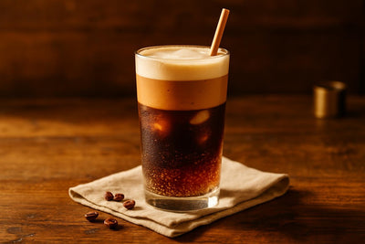 Sparkling Espresso in a glass on an oak table