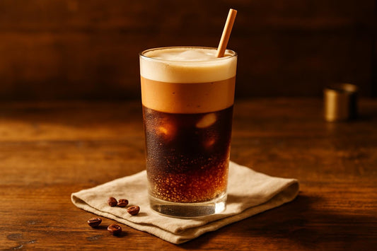 Sparkling Espresso in a glass on an oak table