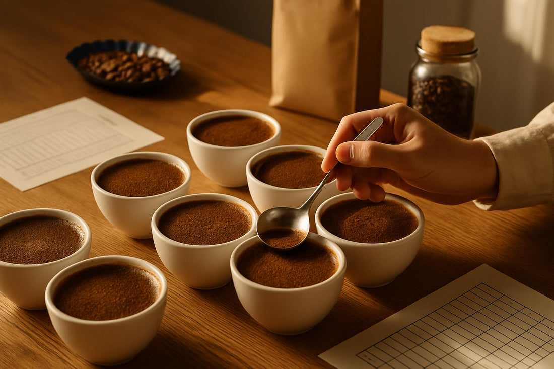 Professional coffee cupper evaluating specialty coffee samples during a formal grading session with score sheets