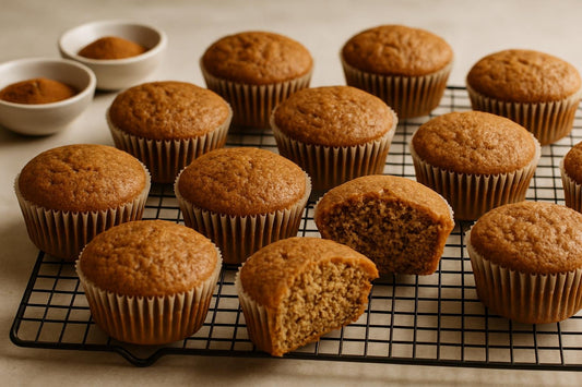 A dozen unfrosted spice cupcakes in paper liners on a cooling rack, golden domes, one split to show the crumb