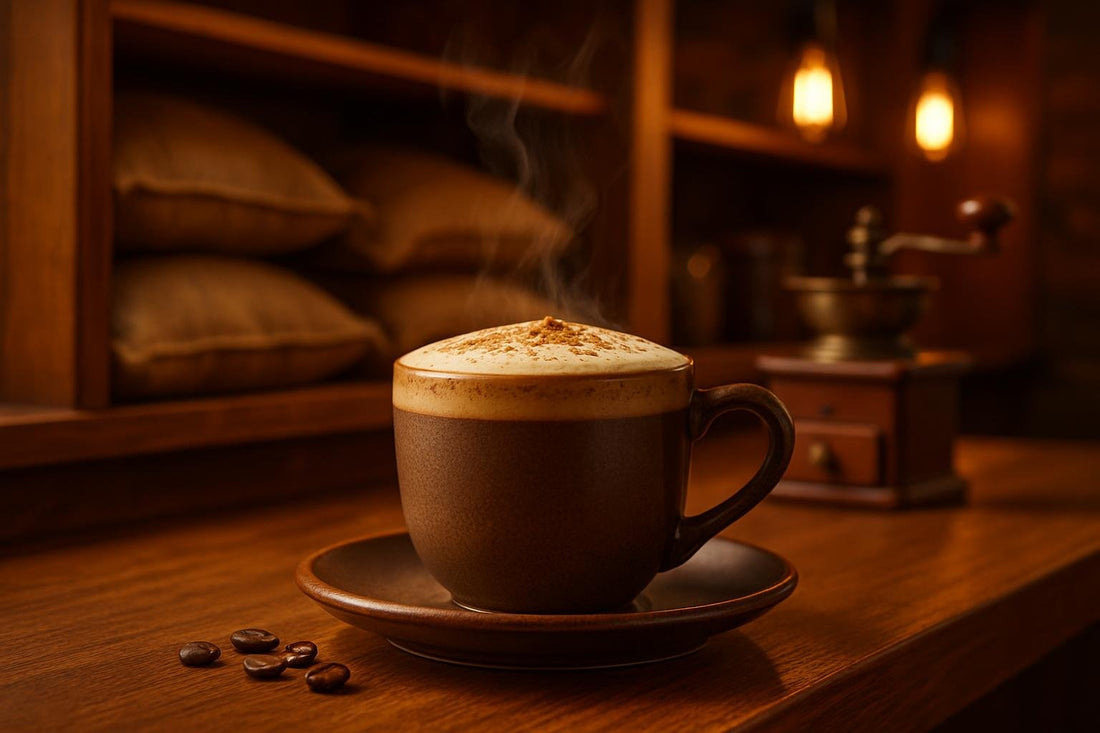 Spiced Vanilla Latte in a ceramic mug on an oak bar