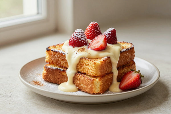 A stack of thick golden slices of strawberries and cream french toast on a plate, dusted with powdered sugar