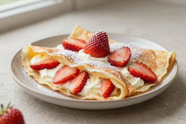 Folded strawberries & cream crêpes on a plate, the filling and toppings from the recipe clearly visible