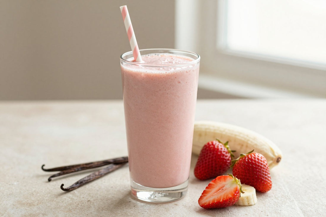 A tall glass of thick, creamy strawberry banana protein shake with a straw, a few of its fresh ingredients beside it