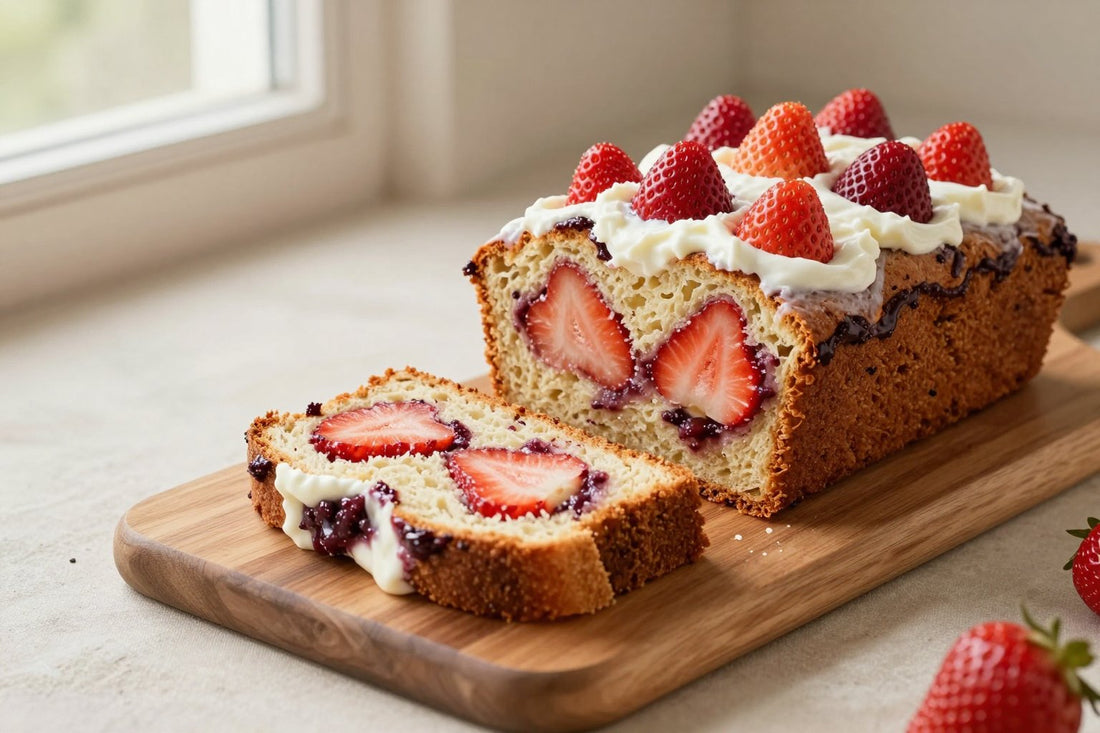 A loaf of strawberry bread on a wooden board, two thick slices cut to show the moist crumb