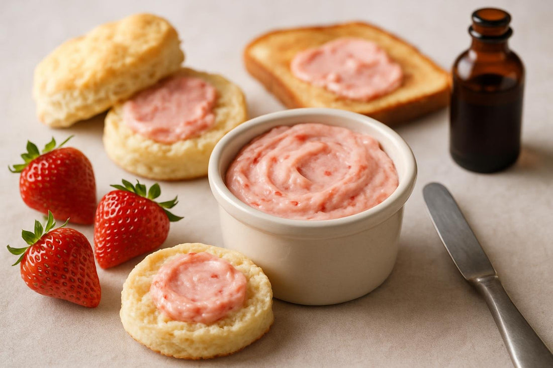 Strawberry Butter in a crock with warm biscuits