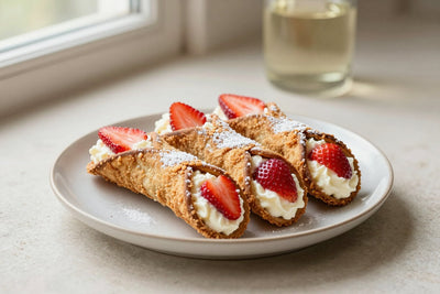 Strawberry cannoli on a plate, crisp shells with the creamy filling piped out of both ends