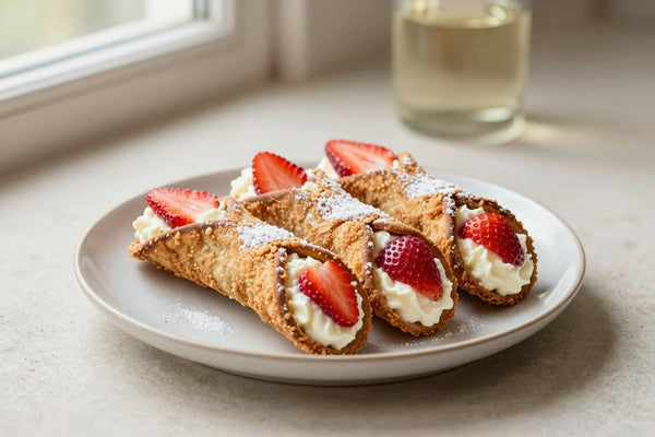 Strawberry cannoli on a plate, crisp shells with the creamy filling piped out of both ends