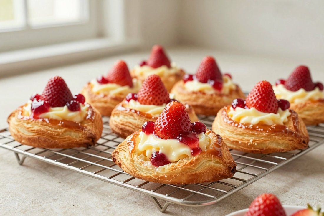 Strawberry cheese danish on a wire rack, the glossy filling visible in the center of each pastry