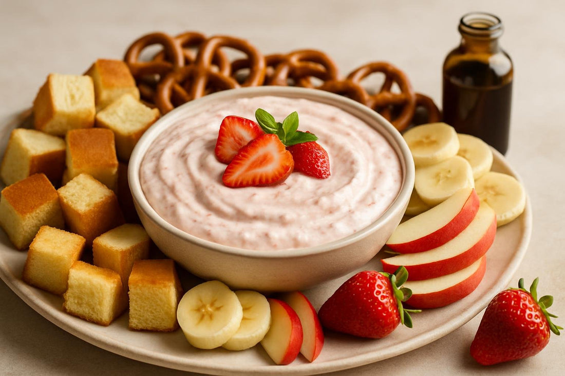 Bowl of strawberry cheesecake dip with brioche, pretzels and fruit