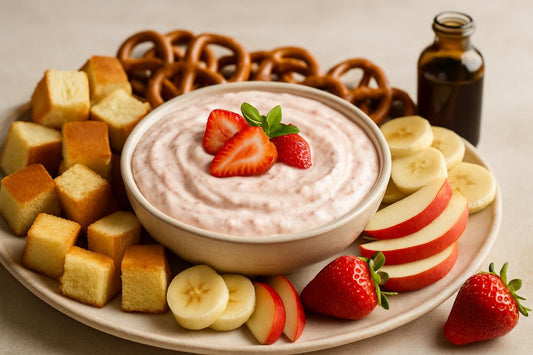 Bowl of strawberry cheesecake dip with brioche, pretzels and fruit