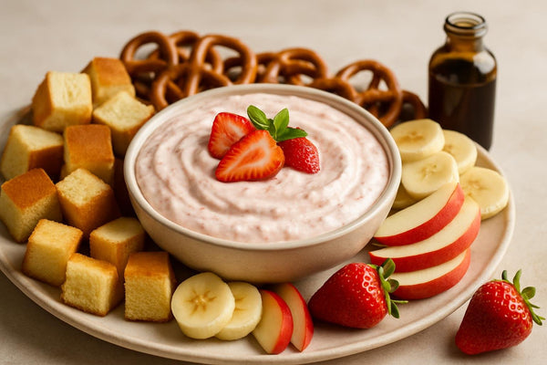 Bowl of strawberry cheesecake dip with brioche, pretzels and fruit