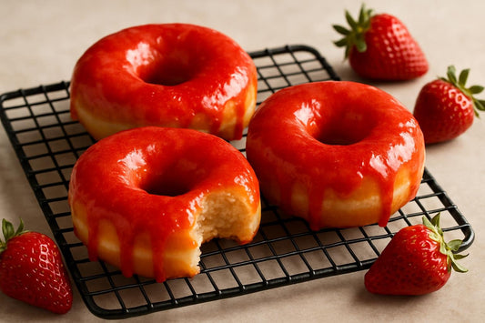 Doughnuts finished with strawberry coulis on a cooling rack