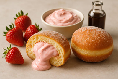Filled doughnut cut open to show strawberry cream cheese filling