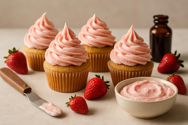 Cupcakes piped with strawberry cream cheese frosting