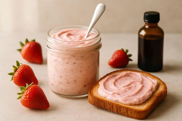 Jar of strawberry cream cheese spread with toast