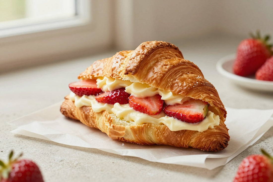 Golden, flaky strawberry cream croissants on parchment, one torn open to show the honeycomb layers