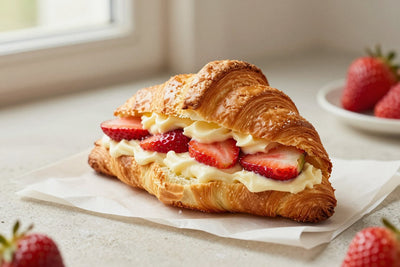 Golden, flaky strawberry cream croissants on parchment, one torn open to show the honeycomb layers