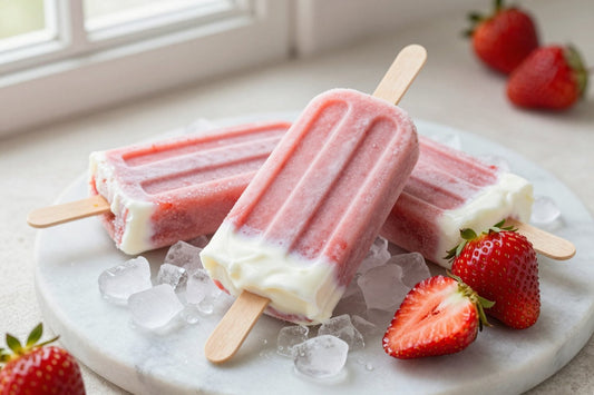Three strawberry cream popsicles on a bed of crushed ice on a light marble surface, one with a bite taken out