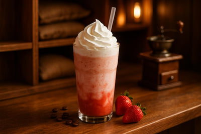 Strawberry Crème Frappé in a glass on an oak bar