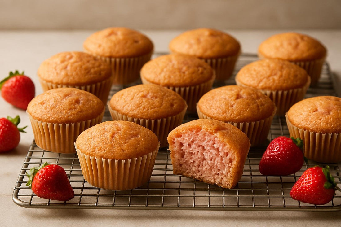 A dozen unfrosted strawberry cupcakes in paper liners on a cooling rack, golden domes, one split to show the crumb