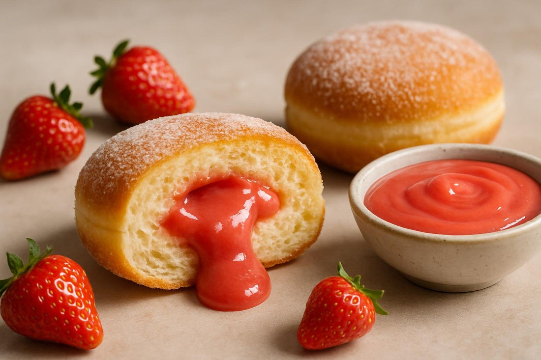 Filled doughnut cut open to show strawberry curd