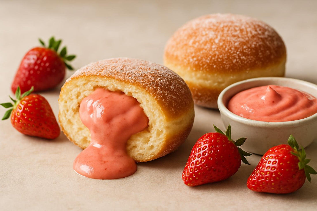 Filled doughnut cut open to show strawberry custard