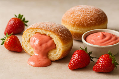 Filled doughnut cut open to show strawberry custard