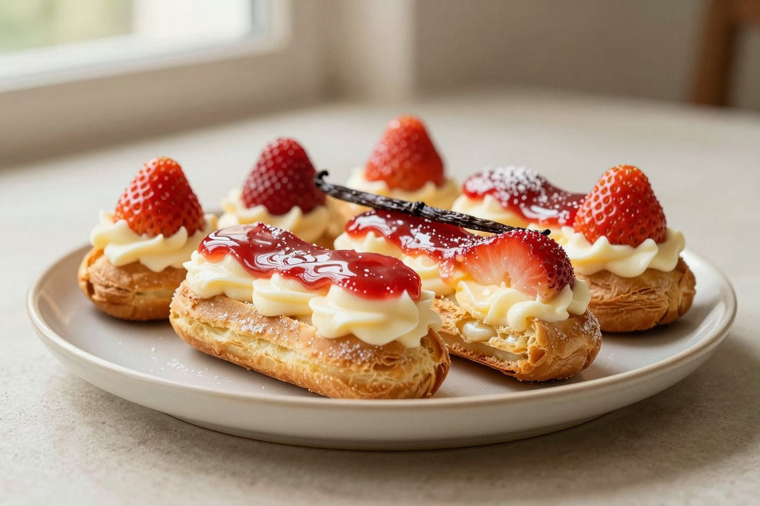 A row of strawberry éclairs on a plate, glossy topping, one cut to show the creamy filling