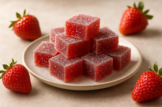 Squares of strawberry fruit jellies rolled in sugar