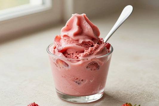 A generous swirl of strawberry gelato in a small glass cup with a flat gelato spade
