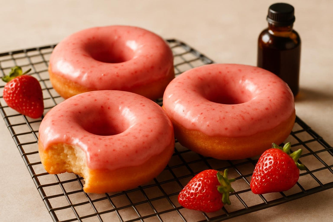 Doughnuts finished with strawberry glaze on a cooling rack