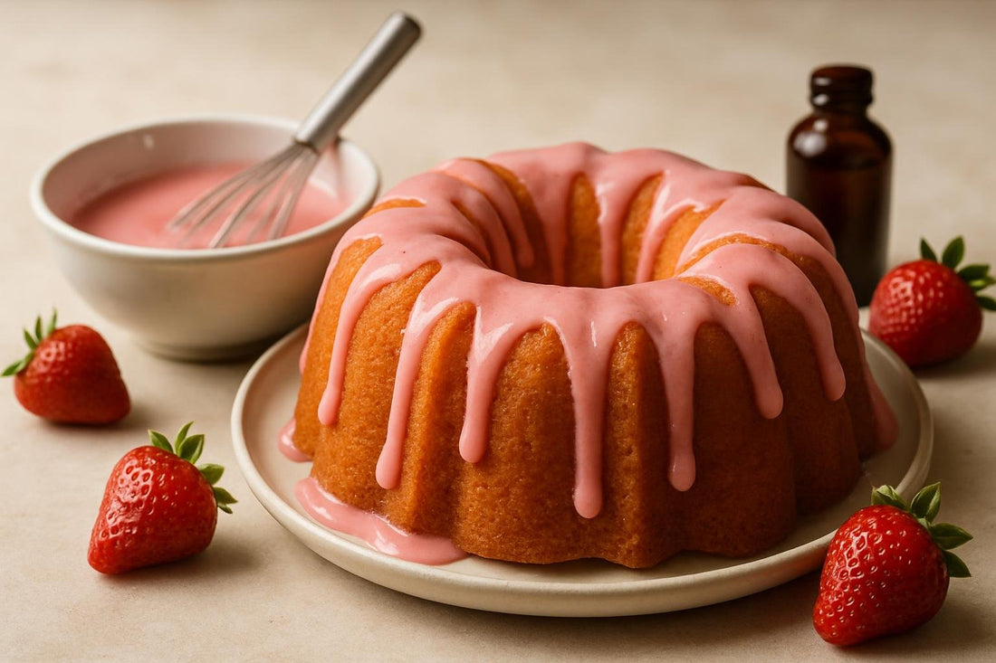 Bundt cake drizzled with strawberry icing