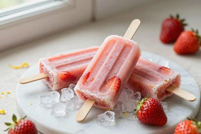 Three strawberry lemonade popsicles on a bed of crushed ice on a light marble surface, one with a bite taken out
