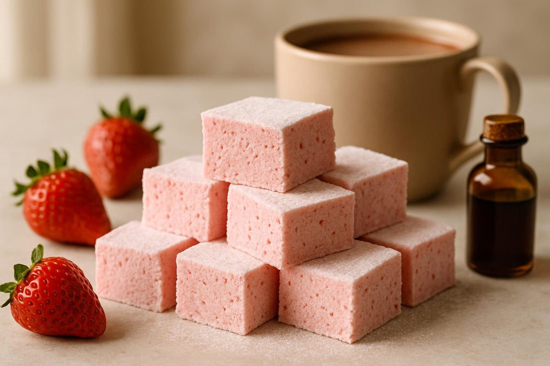 Squares of homemade strawberry marshmallows